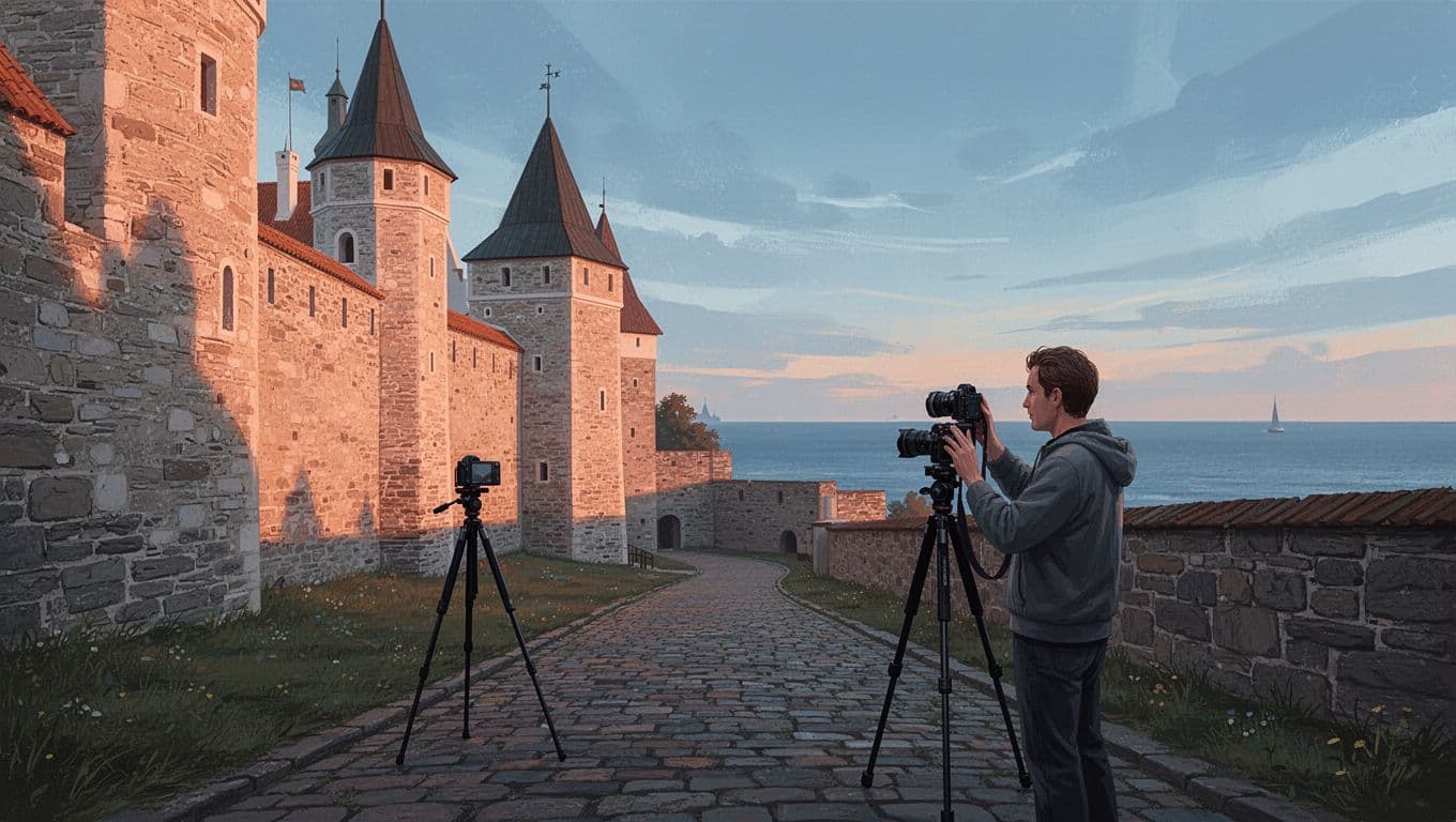 Cobblestone path through medieval stone walls and towers of Tallinn Old Town leads to sea view, with one photographer on tripod at golden hour.