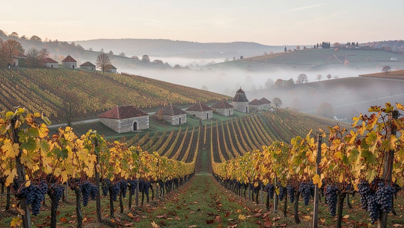Tokaj vineyards with rolling hills and historic cellars in autumn under misty morning light.