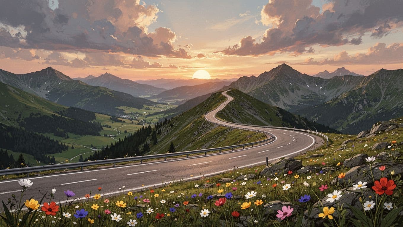 Empty road curves along high ridge with green valleys, distant peaks, wildflowers, and sunset clouds.