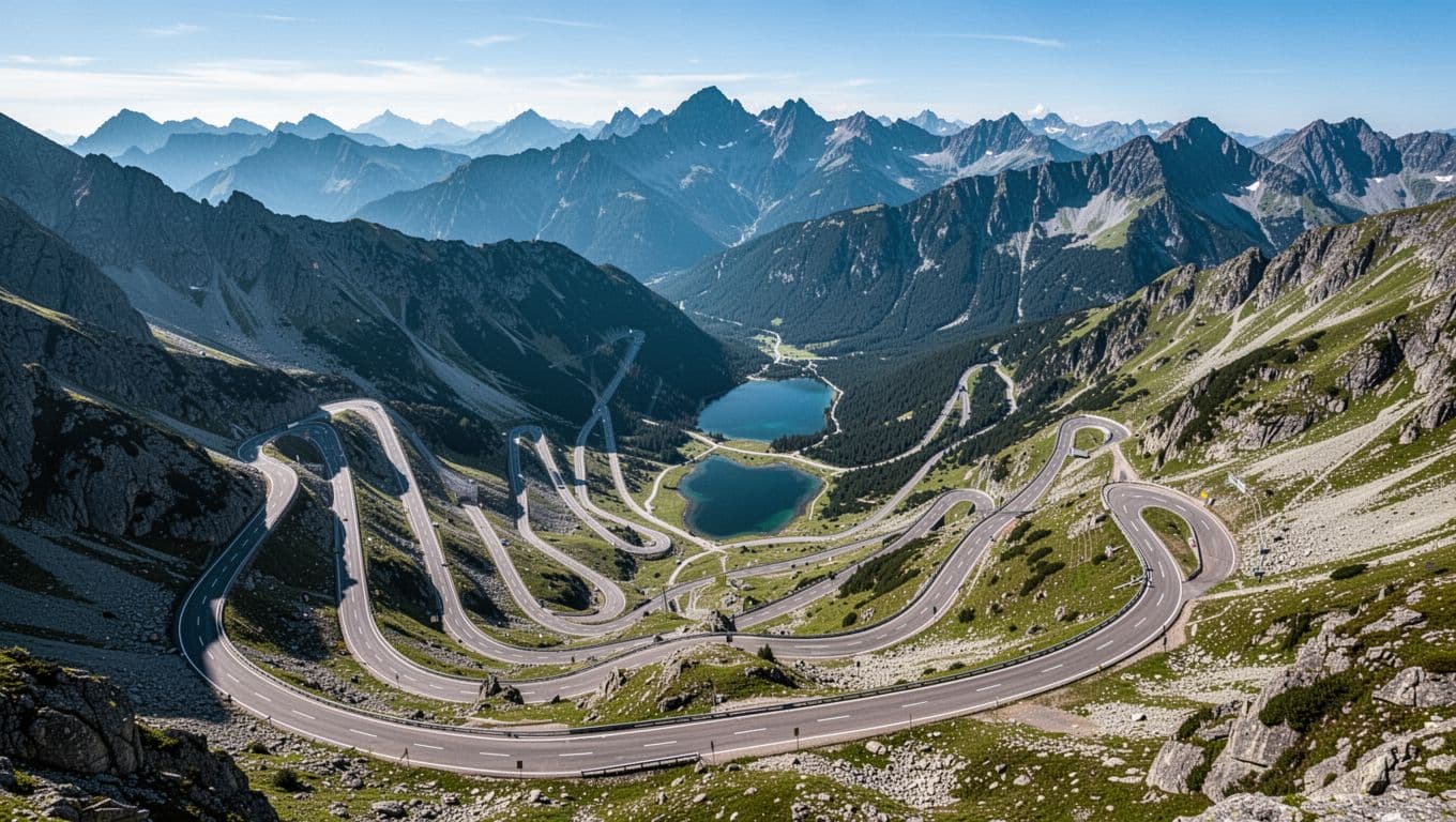 Aerial view of curvy Transfagarasan highway winding through Fagaras Mountains with hairpin turns and valley lakes.