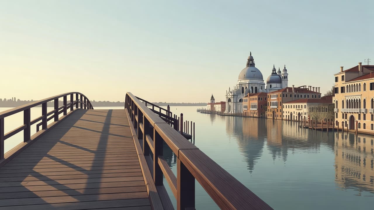 A calm Grand Canal reflects the soft gold light of sunrise as it flows toward the distant Santa Maria della Salute church. Minimalist structures define the architectural landscape in muted tones.