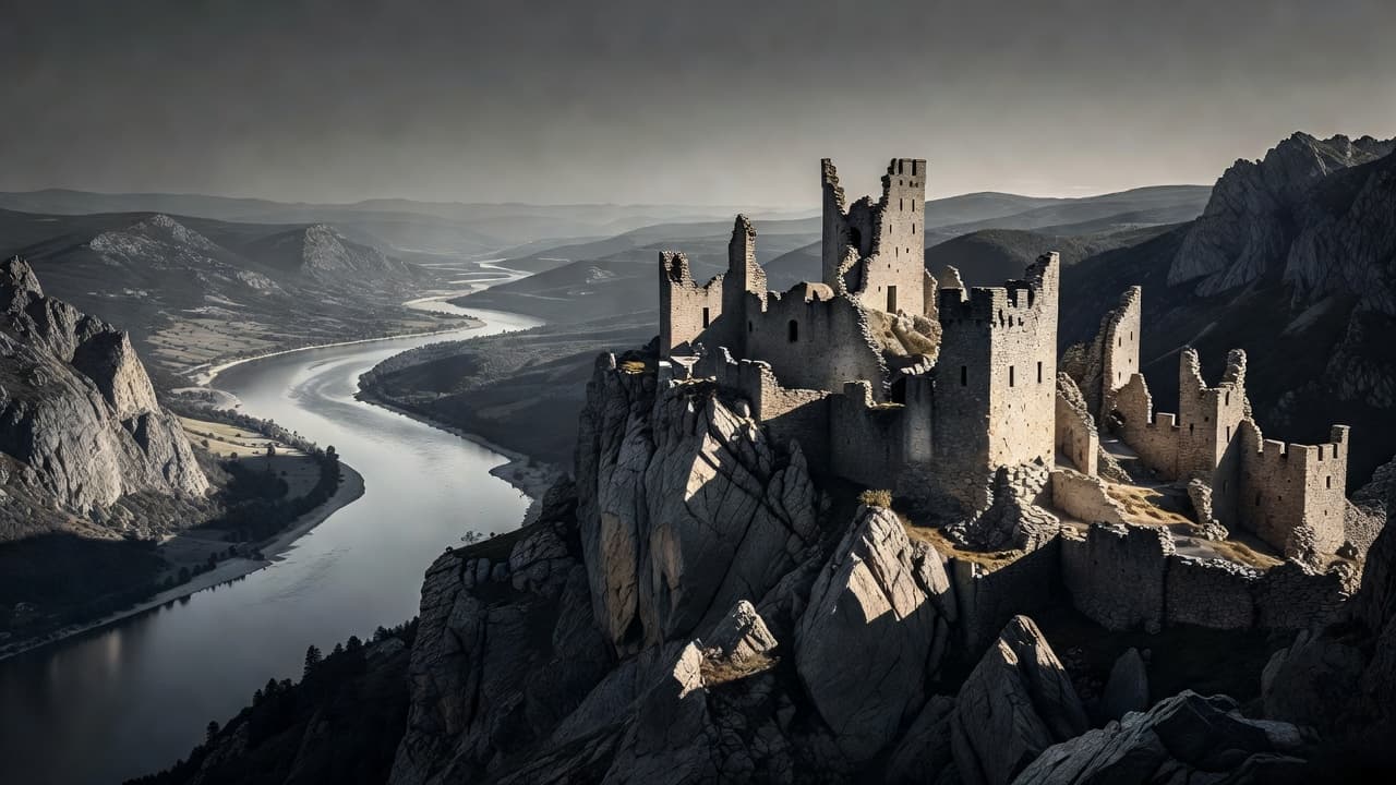 Stone castle ruins perch precariously on a jagged cliff edge, overlooking a sprawling river valley below. Dramatic shadows carve through the rocky landscape, emphasizing the stark contrast between stone and water.