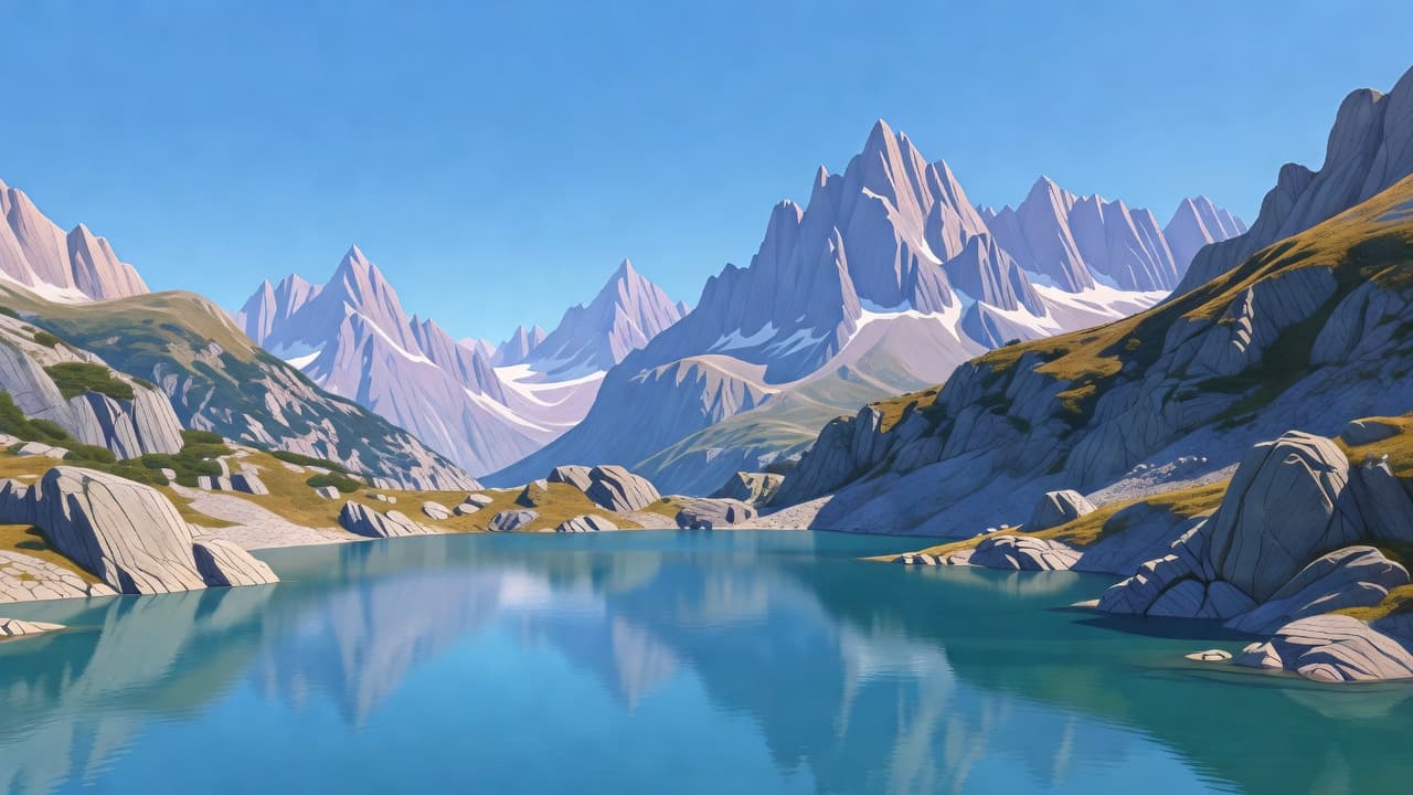 A calm, crystal-clear lake sits in the foreground, reflecting jagged granite mountain peaks that rise sharply against a cloudless blue sky. The scene uses soft, stylized colors and clean geometric shapes.