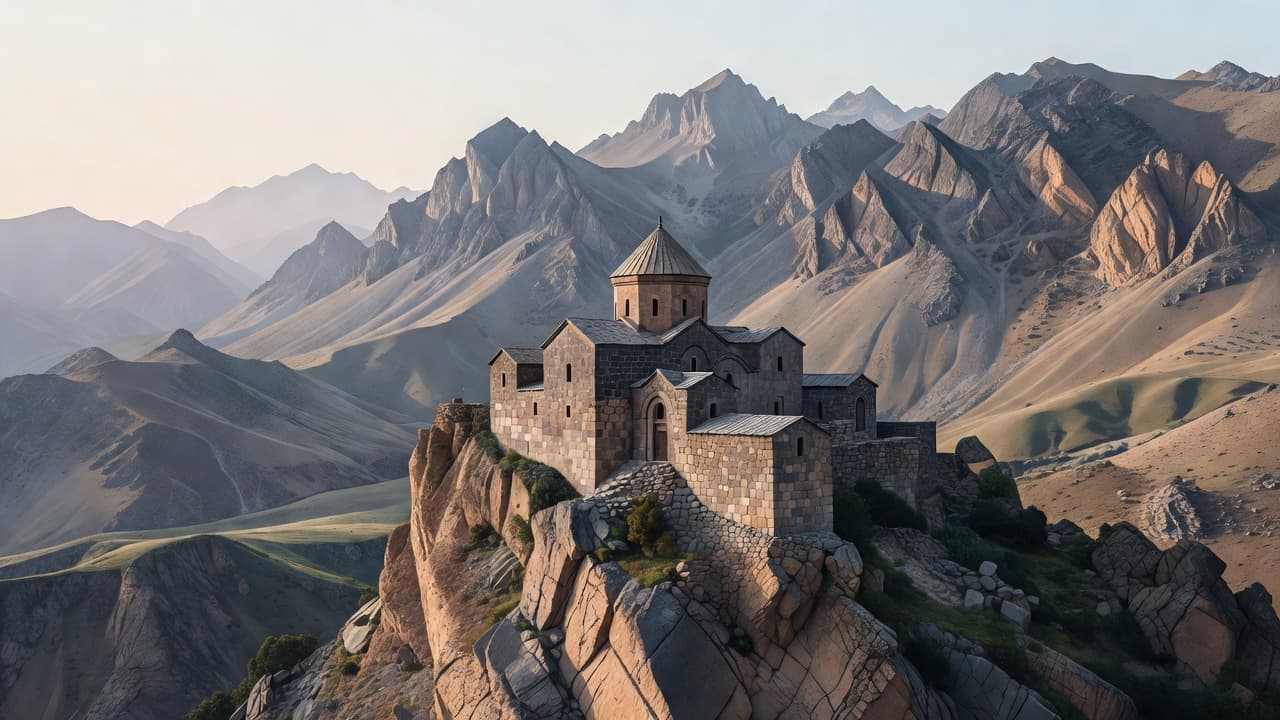An ancient stone structure sits atop a sharp, craggy cliffside surrounded by towering mountain peaks. Soft morning sun illuminates the weathered masonry walls and the surrounding rugged, high-altitude alpine terrain.