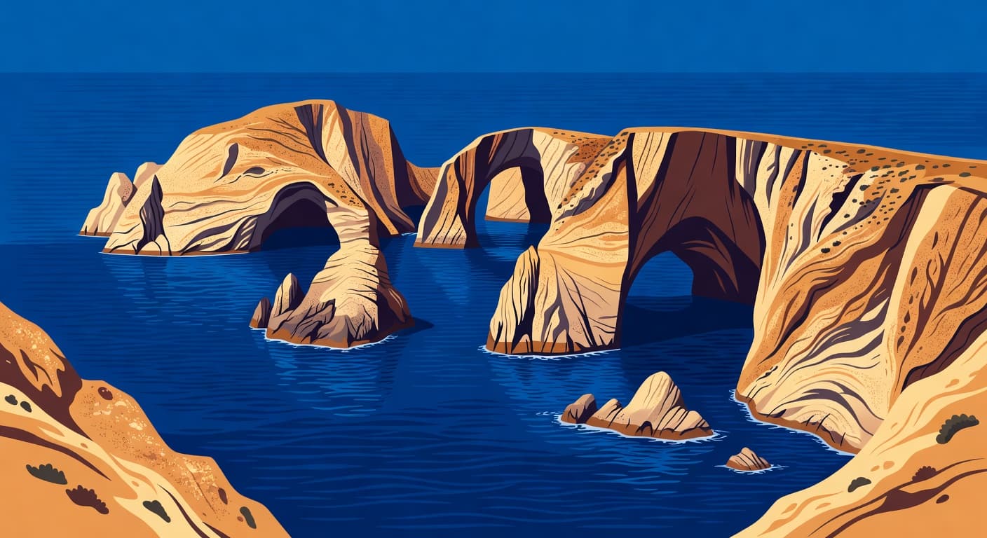A modern graphic illustration shows jagged rock cliffs towering over the deep blue Mediterranean Sea. Sharp geometric edges define the coastal formations against a vibrant, clear sky in Cyprus.
