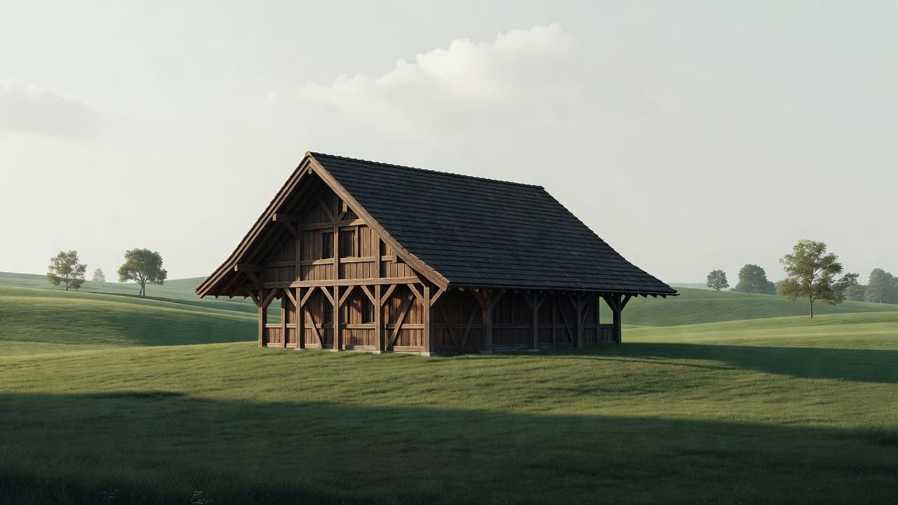 A traditional timber-frame farmhouse with a steep, expansive roof rests in a lush green meadow. Simple trees stand against a soft, muted sky, capturing the serene essence of rural morning light.