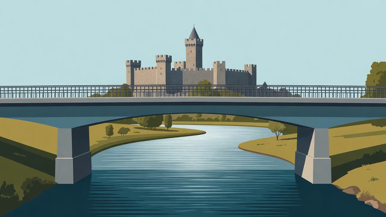 A modern graphic illustration features a sleek bridge arching over a calm river. In the distant background, stone ramparts of a medieval fortress rise against the skyline under clear skies.