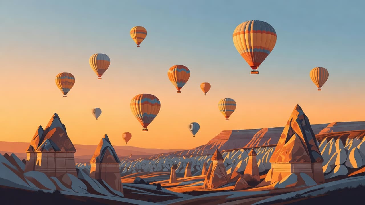 Colorful hot air balloons drift gracefully above the towering, eroded rock pillars of the Cappadocia valley. The morning sun illuminates the landscape with warm orange hues against a soft blue sky.