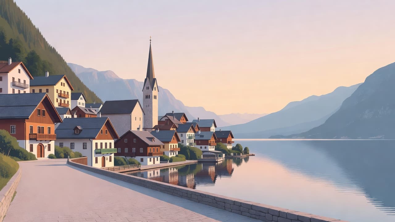 The iconic Austrian village of Hallstatt is captured in a minimalist illustration style. The church spire rises above colorful houses, while the lake reflects soft dawn light from the mountains.