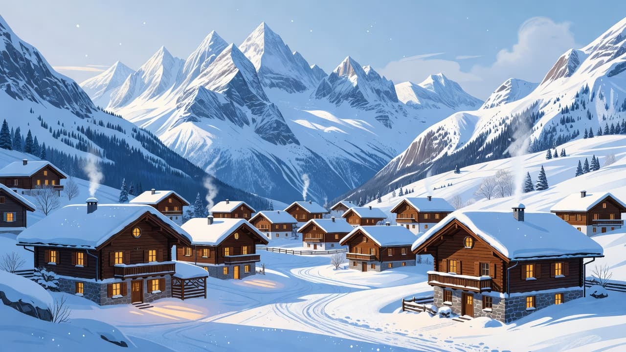 Wooden chalets with glowing amber windows sit nestled against massive, jagged snow-capped peaks. The entire scene is bathed in a cool blue winter palette with soft white snow covering the landscape.