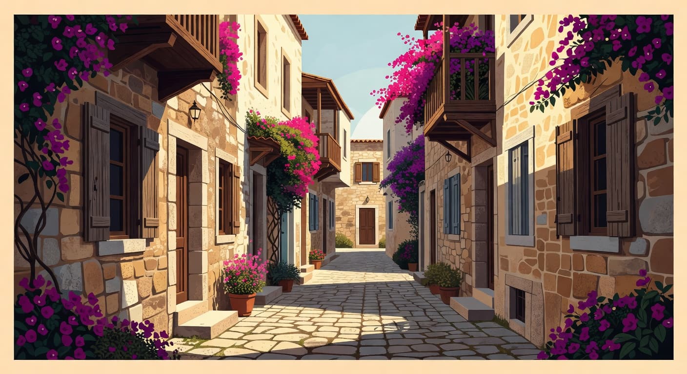 A narrow cobblestone pathway winds between ancient stone houses adorned with vibrant fuchsia bougainvillea flowers. Wooden window shutters and warm geometric shadows create a peaceful, artistic atmosphere within this historic Mediterranean village.