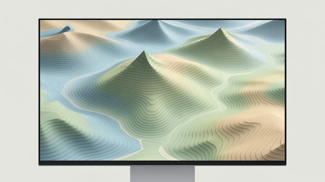 A minimalist computer screen displays a detailed topographic map with clear elevation contours and rising peaks. Soft pastel colors define the landscape gradients against a clean, uncluttered digital workspace interface.