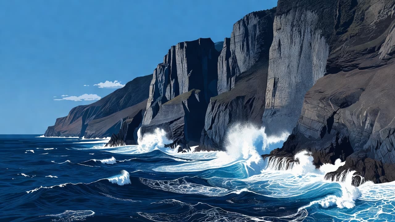 Sharp, rocky cliffs tower above the turbulent blue Atlantic Ocean in this modern landscape illustration. Crisp layers of deep blue and slate gray define the rugged shoreline under a bright sky.