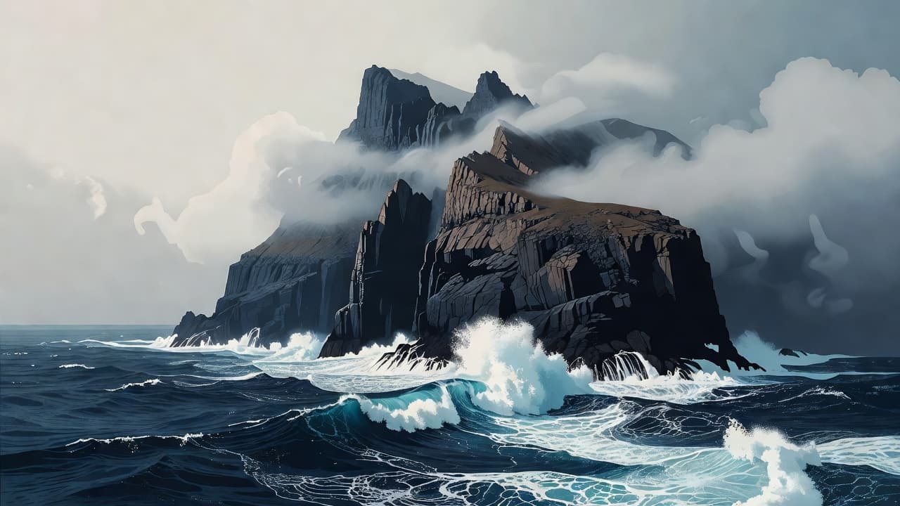 A sheer rock formation rises vertically from the churning dark blue ocean. Wispy white clouds drift around the peak while dense sea foam splashes against the base of the stone wall.