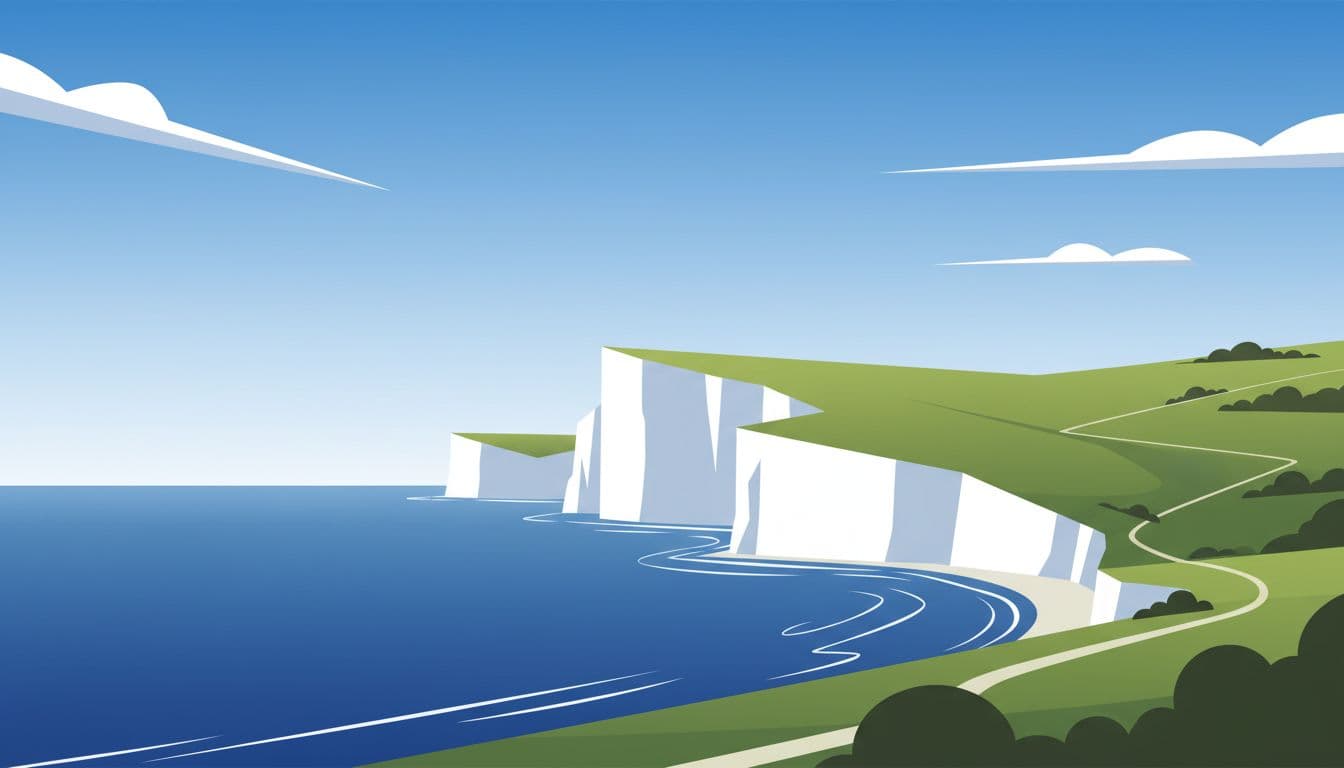Tall white limestone cliffs tower over a deep blue sea under a clear sky. The landscape features soft green grassy plateaus, rendered with clean geometric shapes and a minimalist artistic palette.