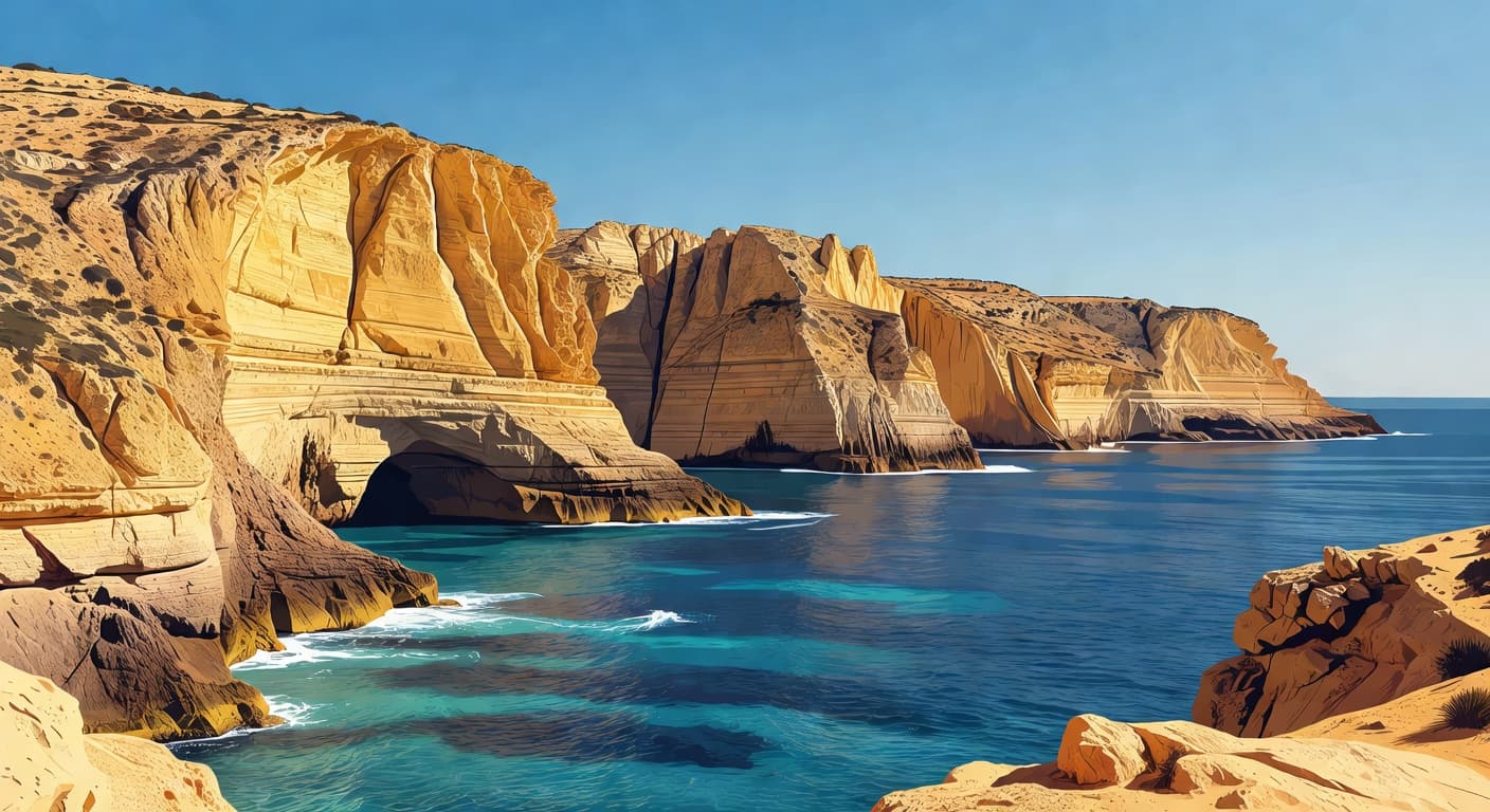 Golden limestone cliffs rise sharply above the vibrant turquoise Mediterranean water. The wide angle perspective emphasizes the massive scale of the rock face and the calm, clear sea stretching into infinity.