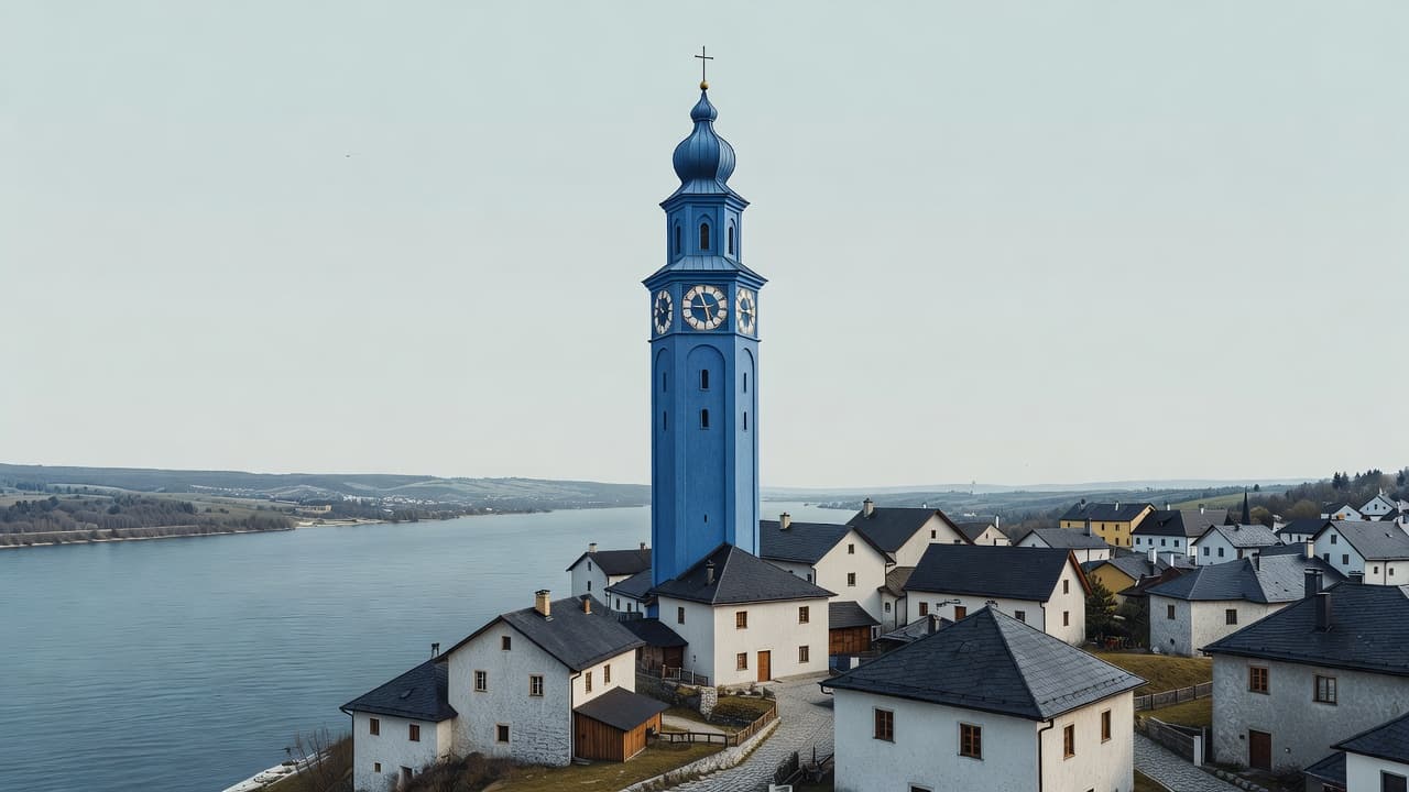 The vibrant blue church tower of Dürnstein Abbey rises prominently above a collection of rustic Austrian village houses. The calm Danube River flows in the distant background under a clear sky.