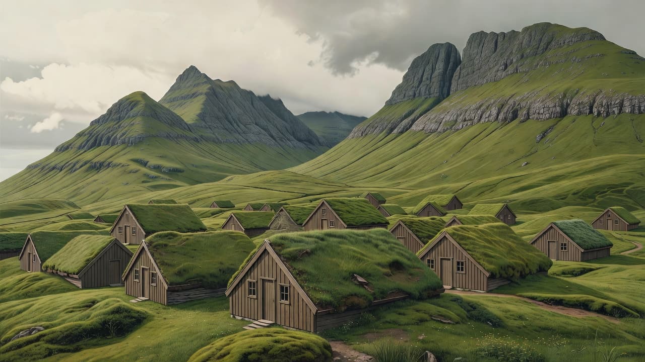 Small wooden houses with lush green grass roofs sit at the base of massive, steep mountains. The flat illustration style emphasizes the muted earth tones and heavy overcast sky above.