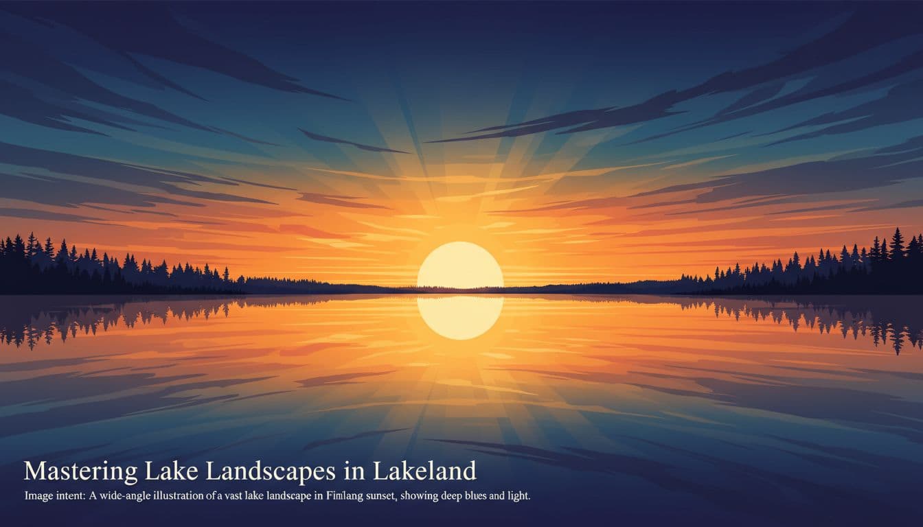 A calm lake stretches toward a distant horizon where golden light meets deep blue water. Silhouetted pine trees stand as dark sentinels along the shore under a vast, expansive evening sky.