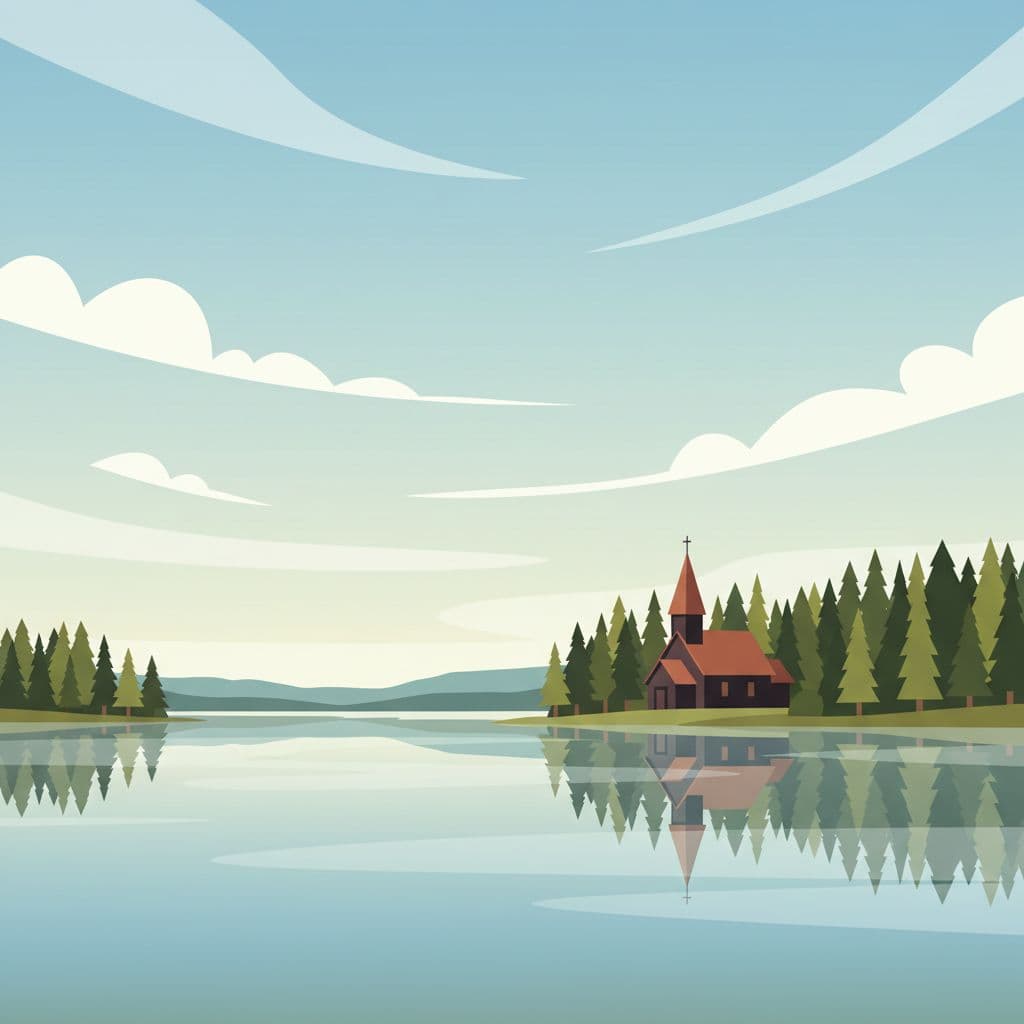 A tranquil Finnish lake reflects the deep blue sky while a traditional wooden church stands silently on the distant shoreline. Towering pine trees frame the peaceful water under clear conditions.