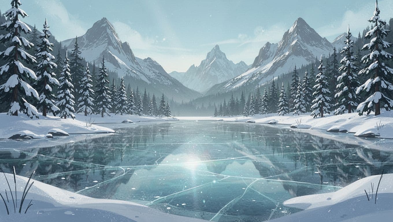 A pristine frozen lake sits under jagged mountain peaks, mirrored by dense evergreen trees heavy with fresh snow. The composition uses icy blue and teal tones to capture a quiet morning.