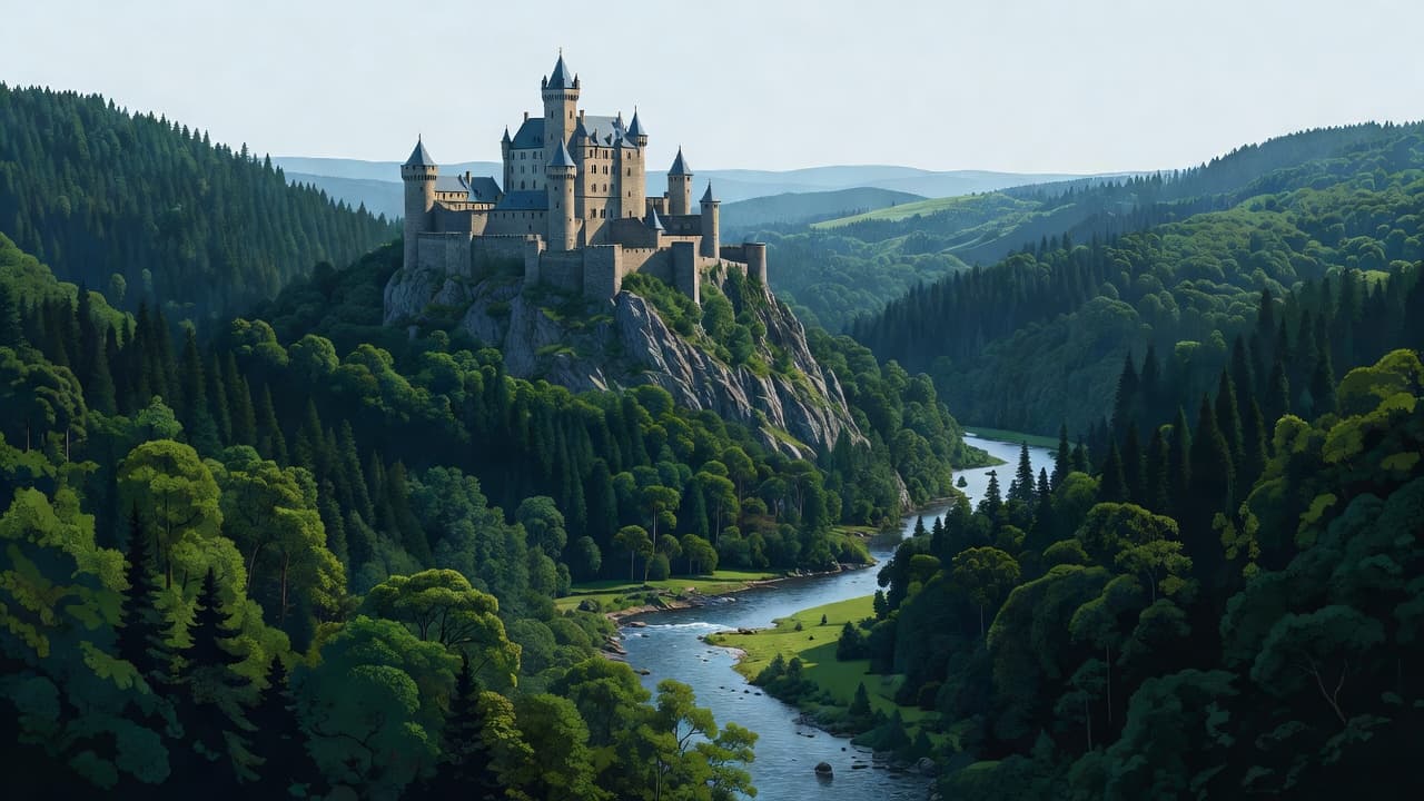 A majestic stone fortress stands atop a rugged mountain peak overlooking a winding river. Thick evergreen forests blanket the surrounding slopes in deep green hues under a soft blue sky.