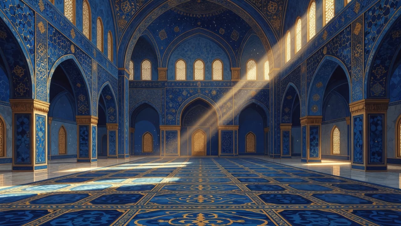 Sunlight streams through high windows into a spacious prayer hall featuring intricate blue and gold tile patterns. The symmetrical design highlights arched doorways and detailed geometric wall mosaics throughout the space.