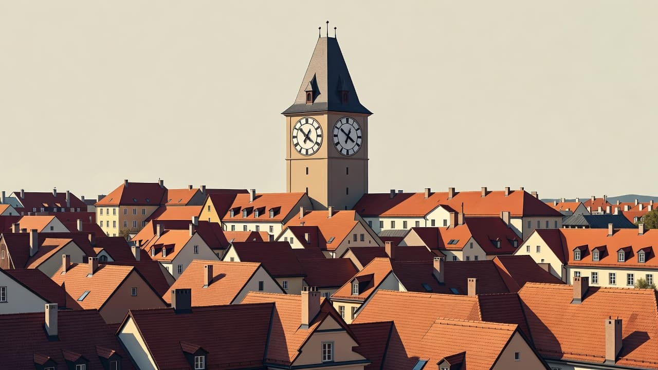 The historic clock tower rises above a vast, textured landscape of terracotta and orange roof tiles in Graz. Clean architectural lines and warm earth tones define this balanced, artistic city panorama.