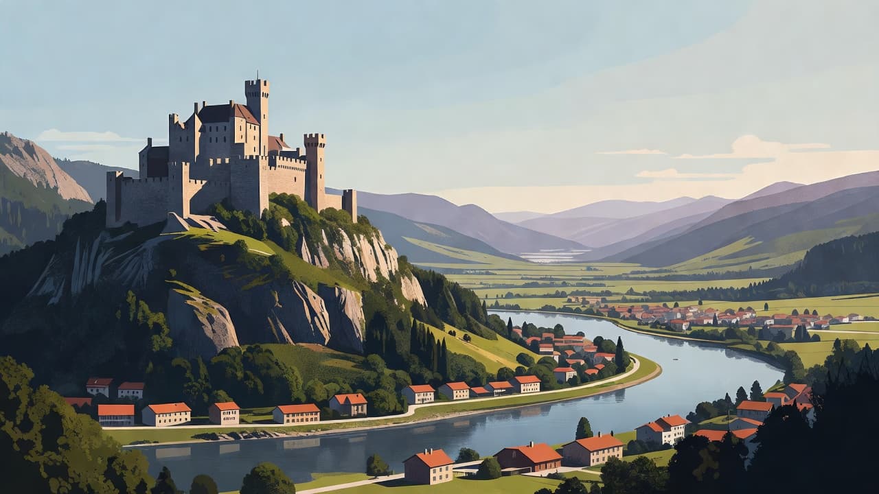 A stylized architectural drawing of Gutenberg Castle perched atop a lush green hill. Below the fortress, a winding river flows past a quiet village nestled within the expansive, serene valley floor.