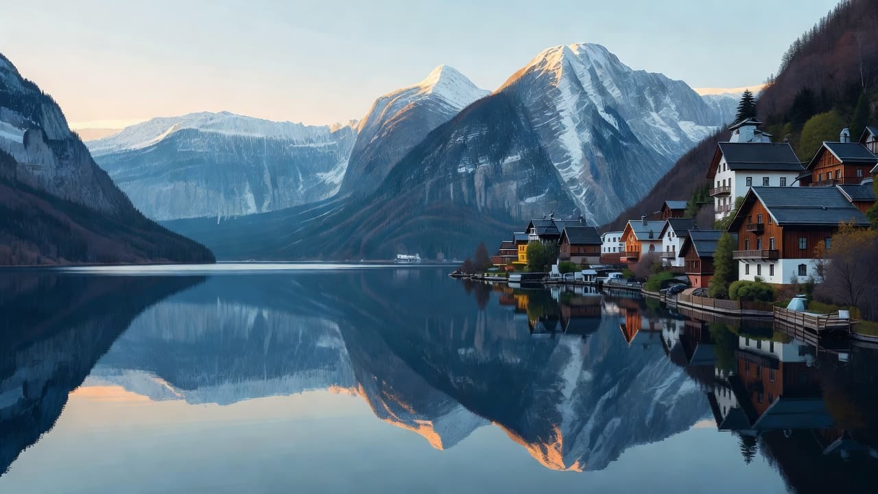 The tranquil lake surface mirrors colorful traditional alpine houses and steep mountains at dawn. Soft golden sunlight illuminates the jagged peaks while the quiet village stays nestled in deep blue shadows.