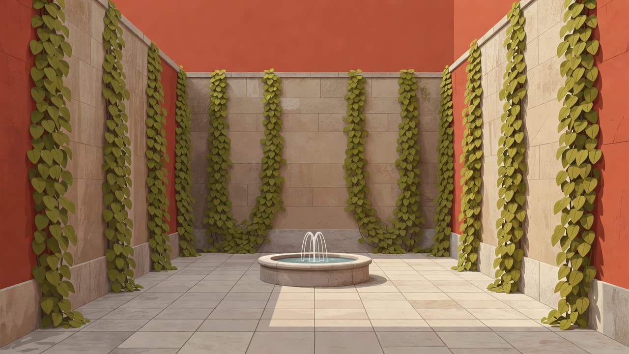 Green climbing vines blanket ancient stone walls surrounding a quiet, symmetrical courtyard. A small stone fountain sits at the center, resting in the warm sunlight of a tranquil city sanctuary.