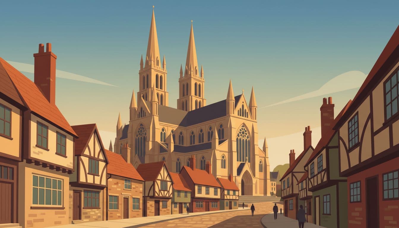 A grand stone cathedral with pointed gothic arches rises high above narrow urban streets. Warm sunlight illuminates the weathered limestone walls, creating sharp shadows against the tidy, historic cobblestone city layout.
