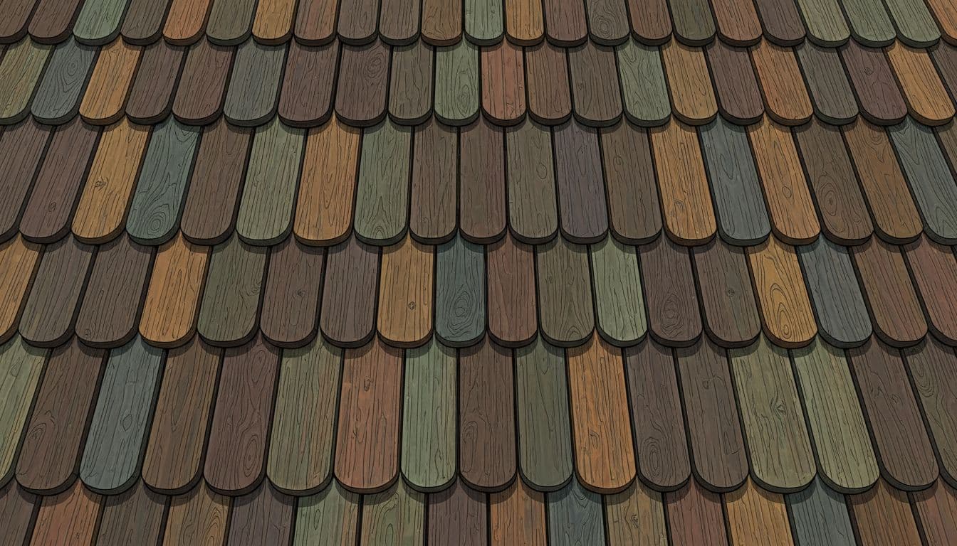 A close-up view displays the weathered, overlapping wooden shingles of a historic structure. Rich earthy tones highlight the intricate wood grain and rugged, aged patterns of the exterior wall panels.