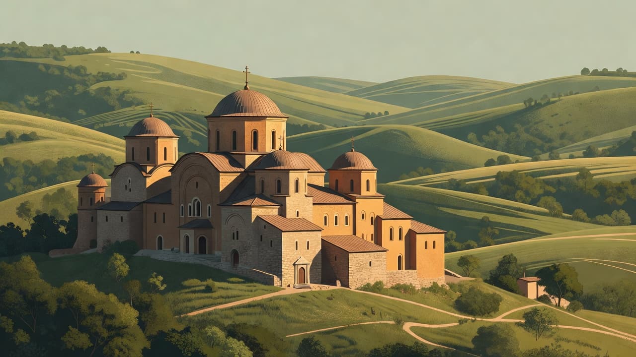 An ancient monastery featuring classic Orthodox architectural domes stands prominently amidst lush, rolling green hills. The clean illustration style utilizes warm, earthy tones to emphasize the serene and timeless landscape design.