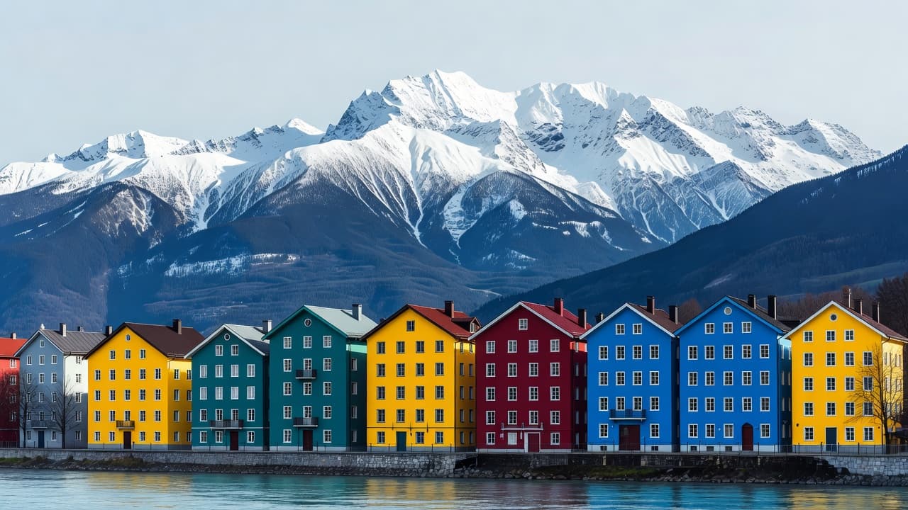 A vibrant row of pastel-colored historic buildings lines the riverbank under a clear sky. Towering, jagged, snow-capped mountain peaks rise dramatically in the background, contrasting with the detailed urban architecture below.