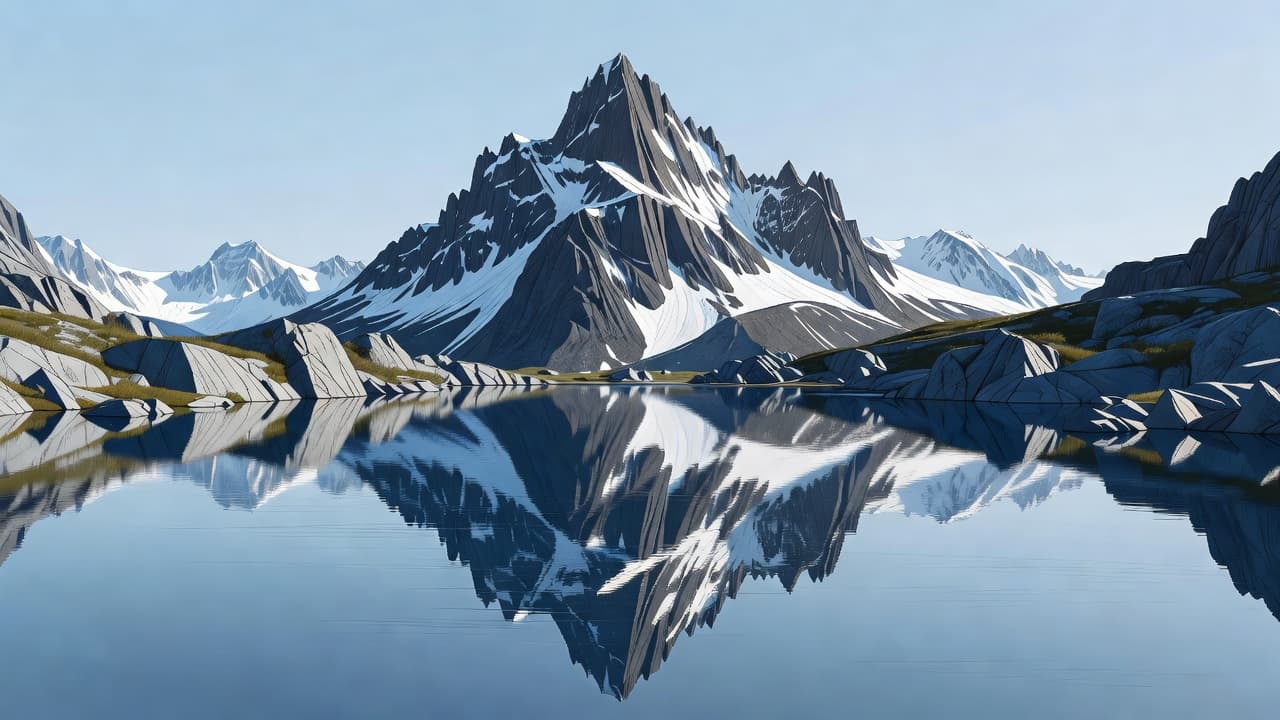 A sharp, snow-dusted mountain peak towers above a glass-like alpine lake in the Caucasus range. Symmetrical reflections shimmer on the dark, undisturbed water surface under a clear and calm sky.