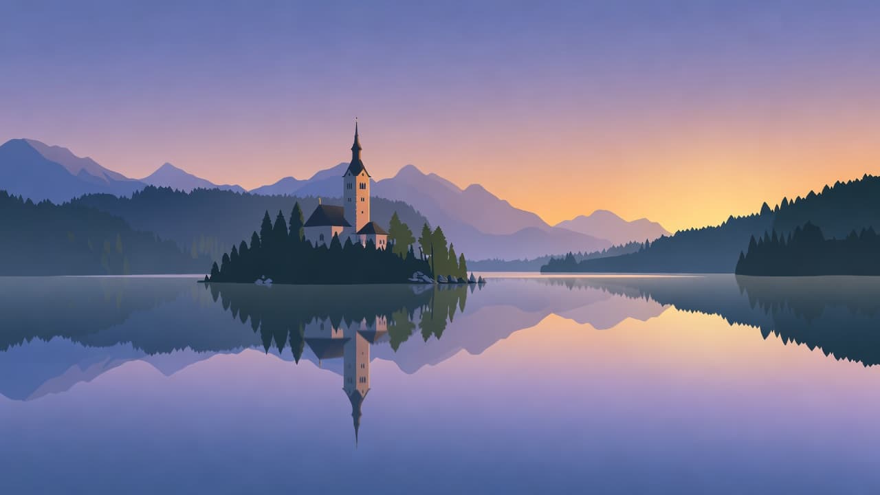 A minimalist digital illustration captures the church on Bled Island centered within calm, reflective waters. Soft blue, purple, and orange hues define the surrounding mountains under a serene morning sky.