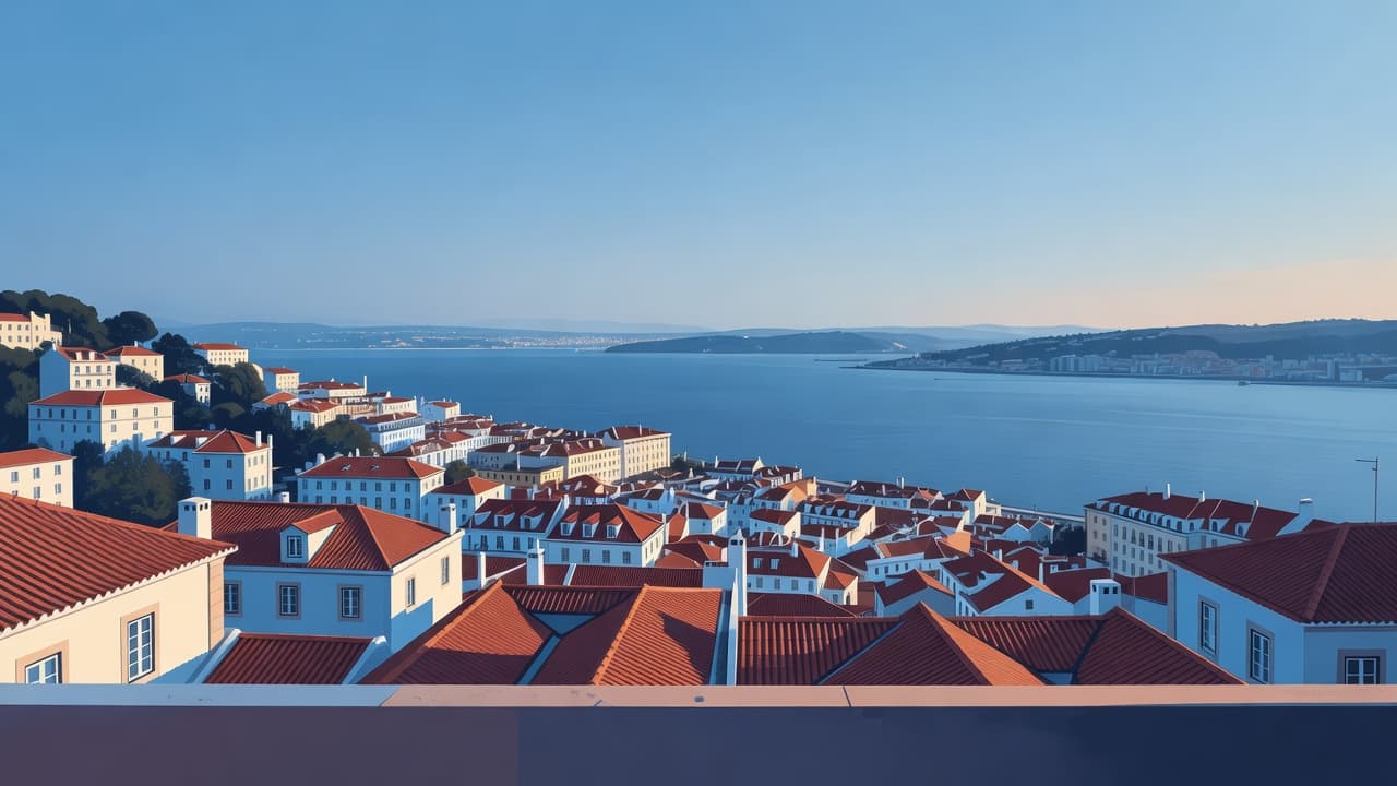 A high-angle illustration depicts orange clay rooftops cascading toward a deep blue river. Soft sunlight illuminates the coastal city architecture, highlighting the sharp contrast between warm building tones and cool water.
