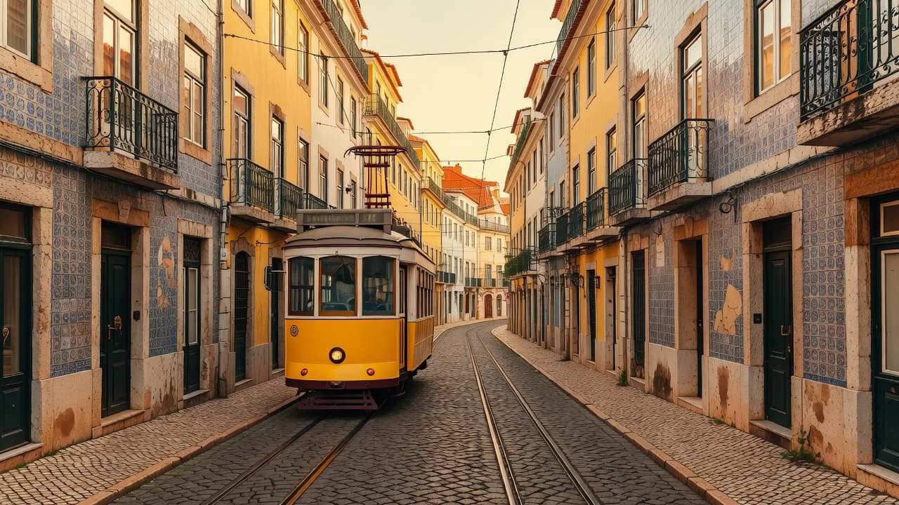 A vibrant yellow tram travels down a narrow cobblestone road lined with historic buildings featuring patterned tiles. Warm sunlight highlights the weathered textures of the traditional architecture along the tight passage.