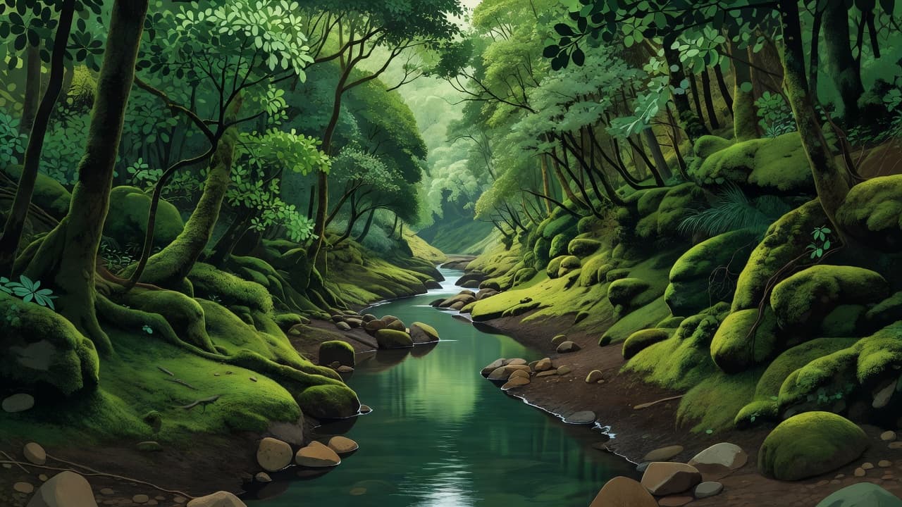 A tranquil water channel winds through a vibrant forest dense with emerald moss and laurel leaves. Sunlight filters through the canopy, highlighting the soft textures of the verdant woodland trail.