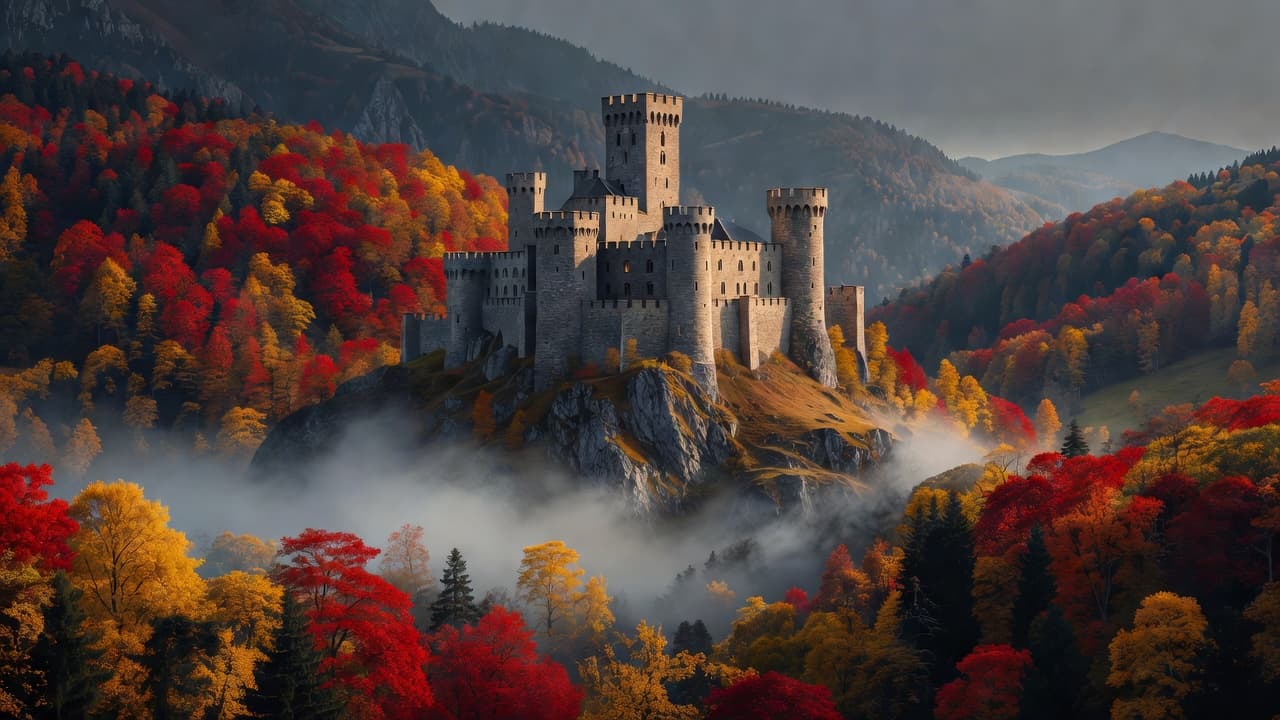 A stone castle sits atop a craggy German hillside surrounded by vibrant red and yellow autumn trees. Soft morning fog drifts through the forest floor, creating a serene and misty atmosphere.