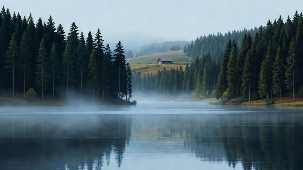 A tranquil lake sits amidst a dense forest of towering dark green fir trees, featuring a rustic wooden farmhouse nestled quietly at the base of a soft, rolling hillside in distance.