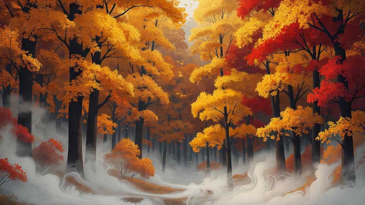Tall trees with vibrant orange and golden foliage stand within a dense European woodland. Thick white mist swirls around the tree trunks at ground level under soft, glowing morning light.