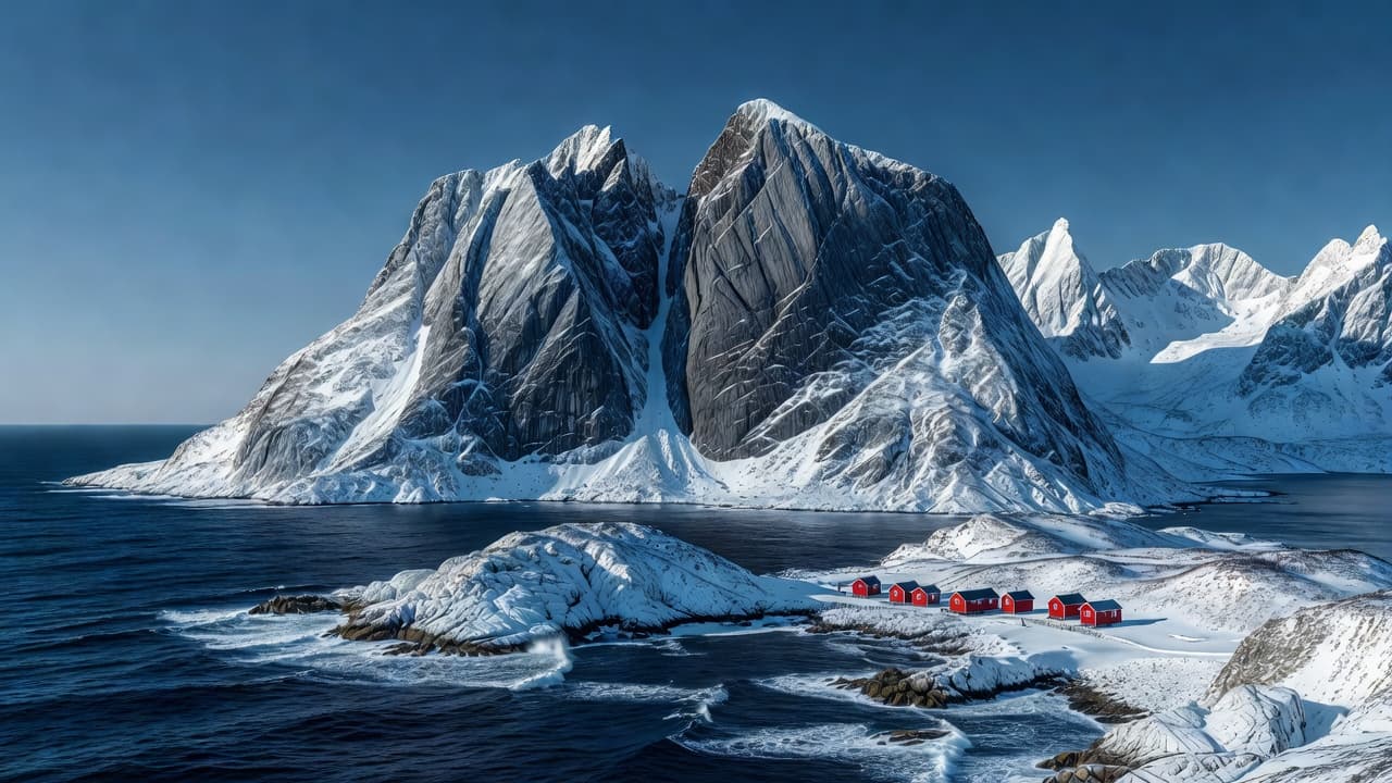 Sharp craggy peaks dusted with white snow rise above a dark blue ocean. Small vibrant red fishing cabins sit tucked along the rocky shoreline beneath the towering jagged mountain range.