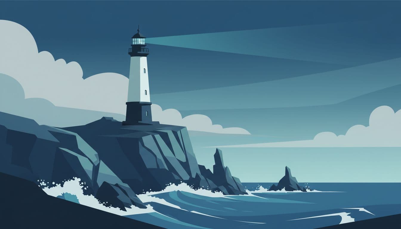 A tall, aged lighthouse stands prominently on jagged rock formations overlooking a stormy sea. The composition uses clean geometric shapes and muted blue and grey tones to evoke a moody atmosphere.