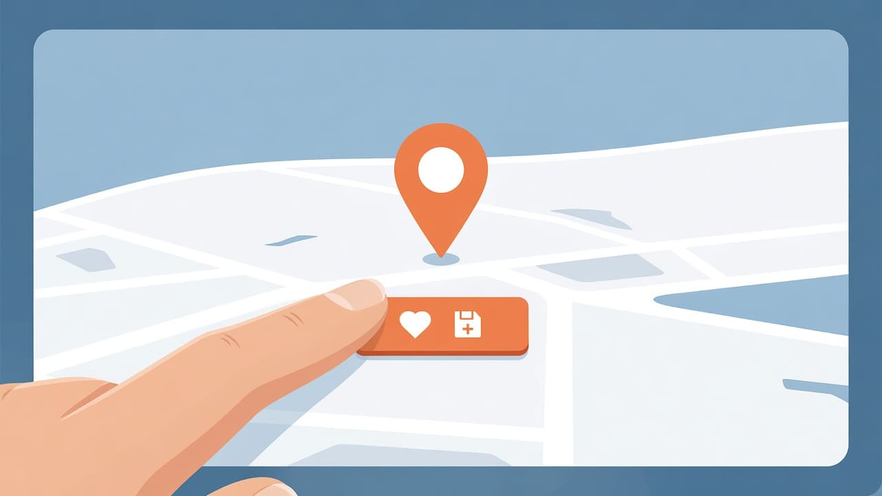 A finger hovers near a heart icon on a clean mobile map interface. A prominent red location pin sits on the map grid above the button to mark a spot.