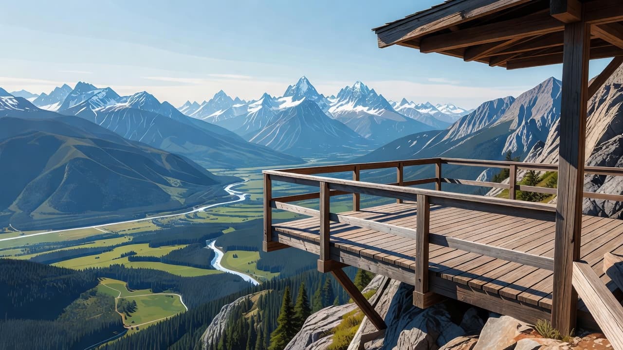 A minimalist wooden platform extends into the air, overlooking a sprawling valley flanked by jagged mountain ranges. Sharp geometric edges define the landscape under a clear, bright sky with no clouds.