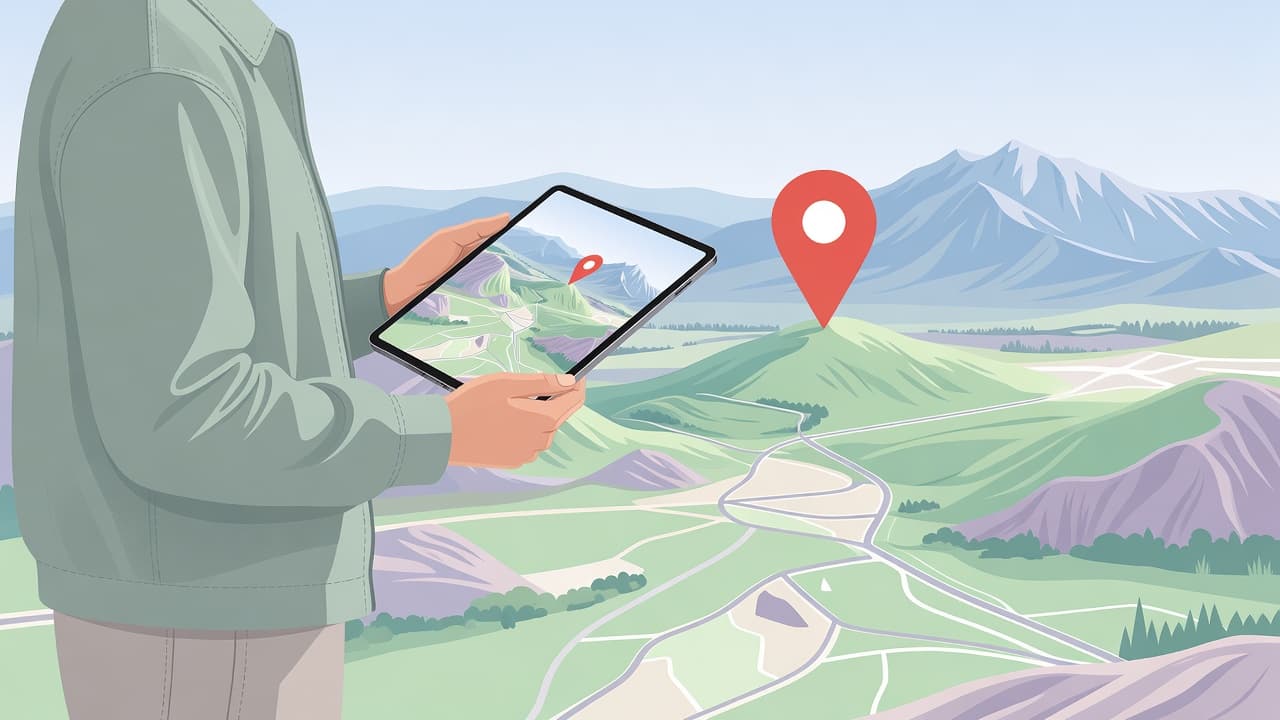 A person holds a tablet displaying a detailed topographical map interface featuring a vibrant location marker. The minimalist illustration uses soft colors to depict a serene, elevated mountain park environment.
