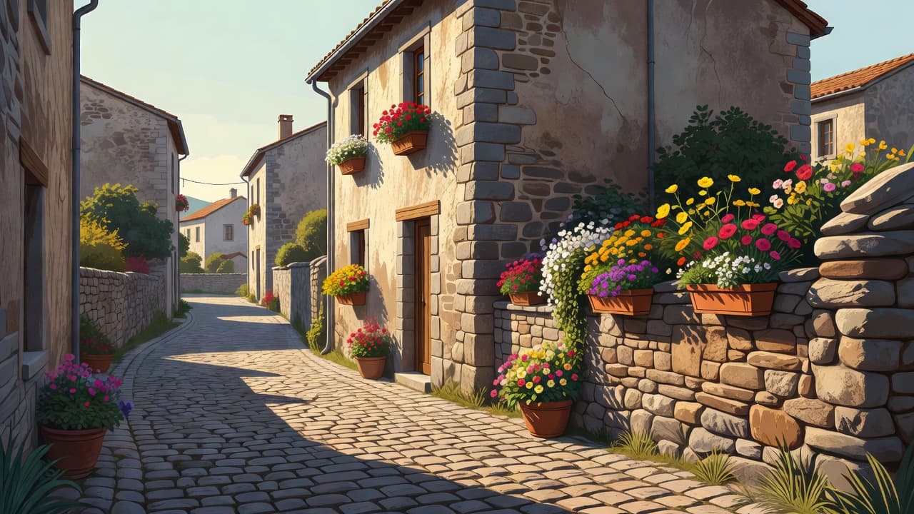 A narrow cobblestone path winds past ancient stone walls decorated with vibrant flower boxes. Warm morning sunlight illuminates the textures, casting long shadows across the peaceful, historic village architecture.