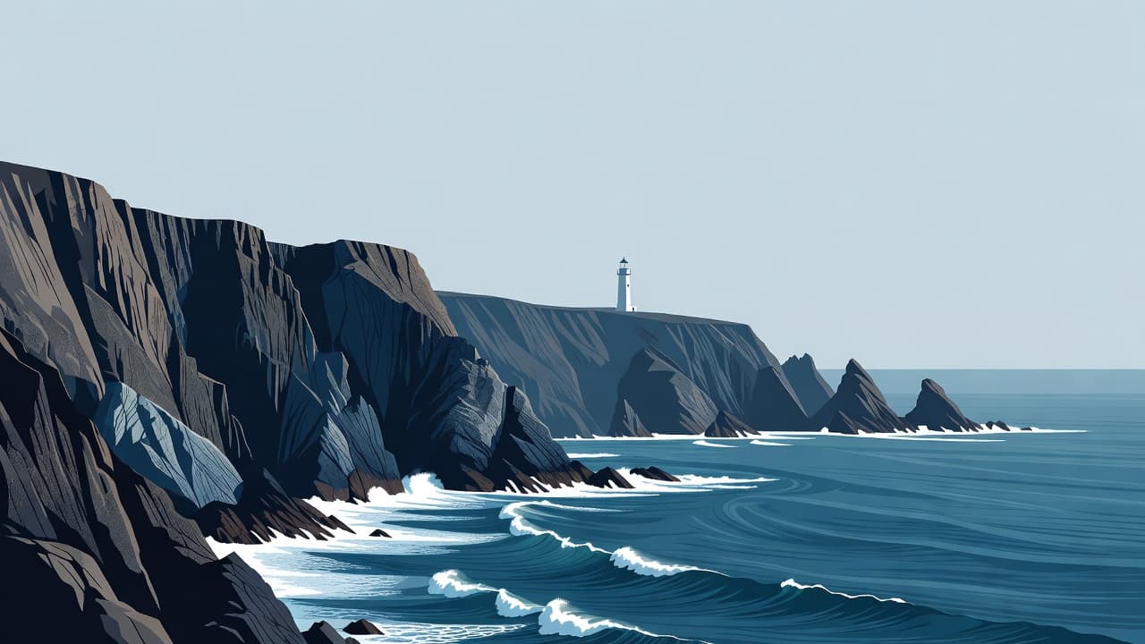 Sharp, jagged rock formations plunge vertically into the deep Atlantic waters below. In the far distance, a solitary lighthouse stands against the horizon under a clear, minimalist sky of muted tones.